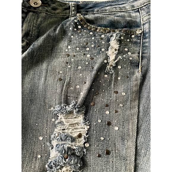 Distressed Rhinestones Stretch Wash Denim Jeans 13 - Picture 2 of 5